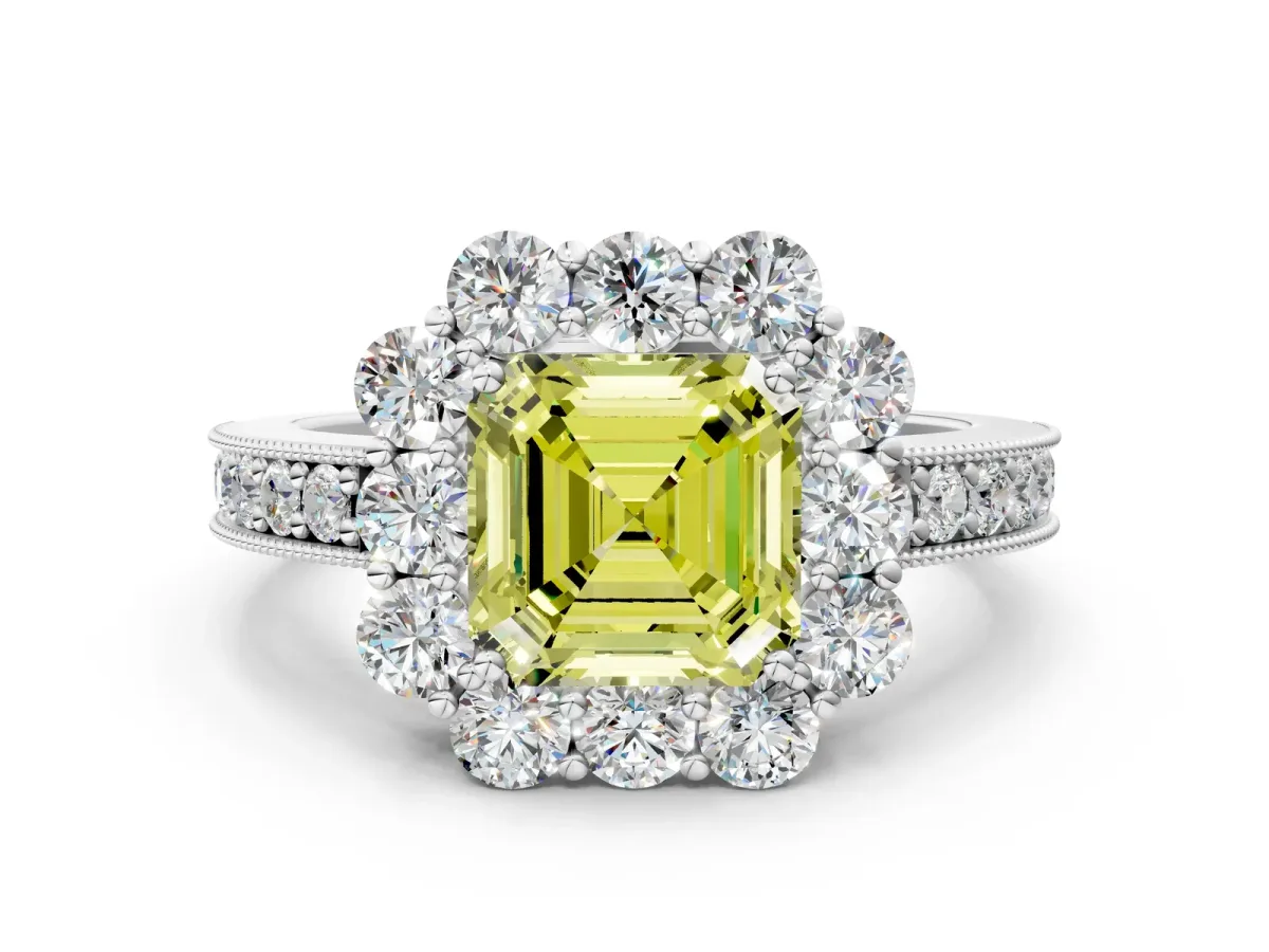 Fancy Yellow Asscher Cut Cut Halo Diamond Pavé Engagement Ring with Milgrain Detailing Platinum