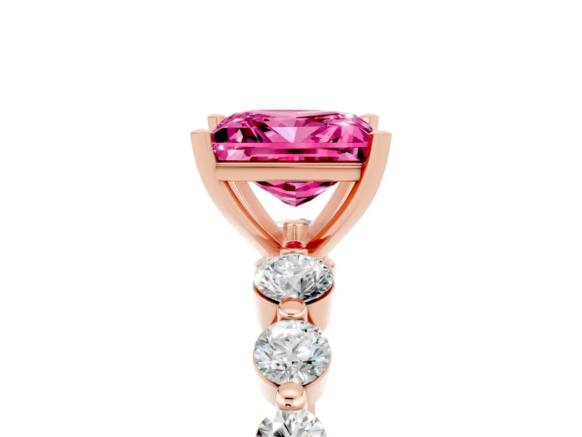 Princess Cut Solitaire Pink Sapphire Ring with Pave Band and Four-Prong Setting Rose gold