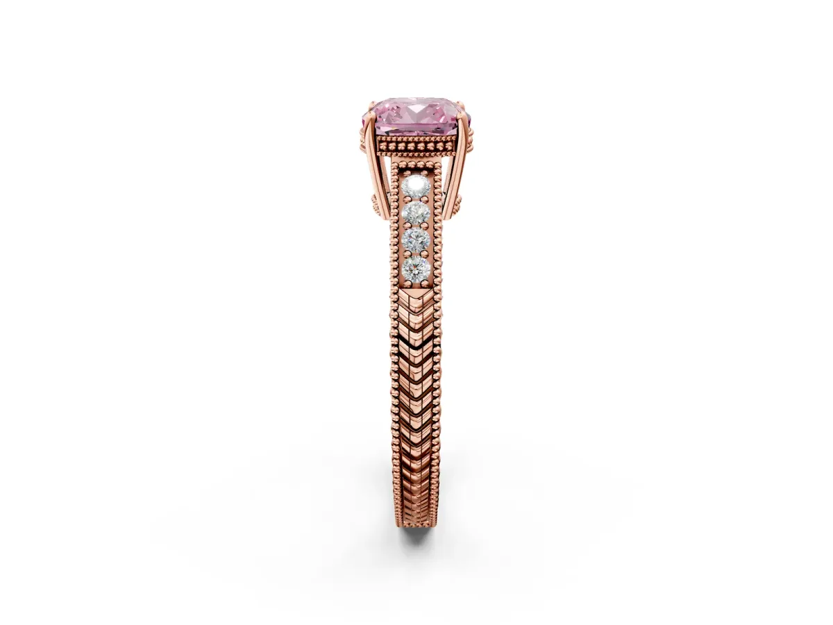 Fancy Pink Cushion Cut Diamond Engagement Ring with Milgrain Channel Set Band and Prong Setting Rose gold