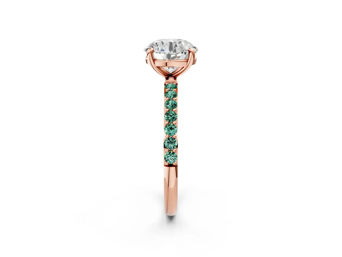 Round Cut Diamond Solitaire Ring with Round Green Sapphire Pavé Band and Prong Setting Rose gold