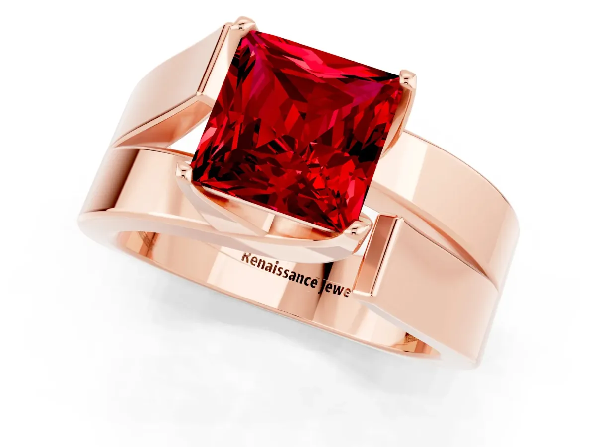 Modern Tension Set Princess Cut Ruby Solitaire Wide Band Ring Rose gold
