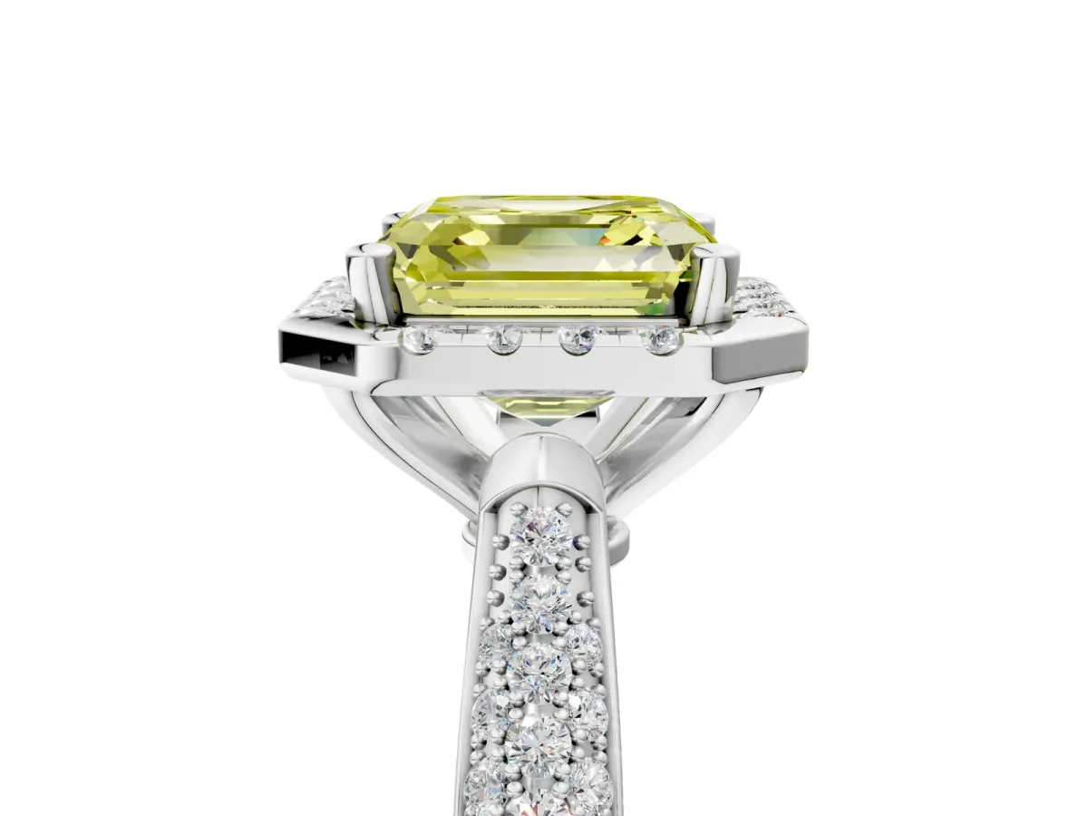 Fancy Yellow Asscher Cut Cut Halo Pave Band Four-Prong Setting Ring Platinum