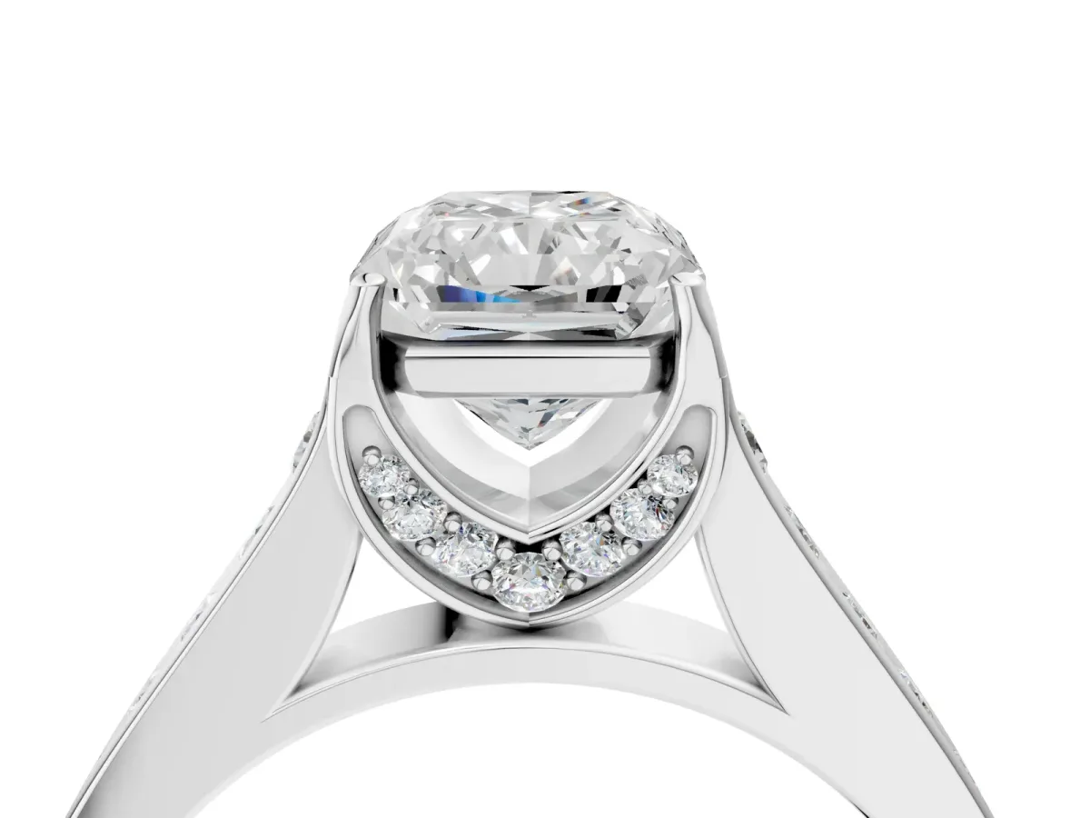 Radiant Cut Brilliant Cut Diamond Engagement Ring with Pavé Band and Four-Prong Setting Platinum