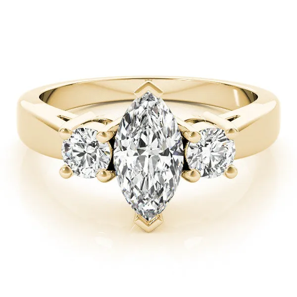 Three-Stone Round Cut Diamond Solitaire with Round Accents and Prong Setting on a Classic Band Yellow gold