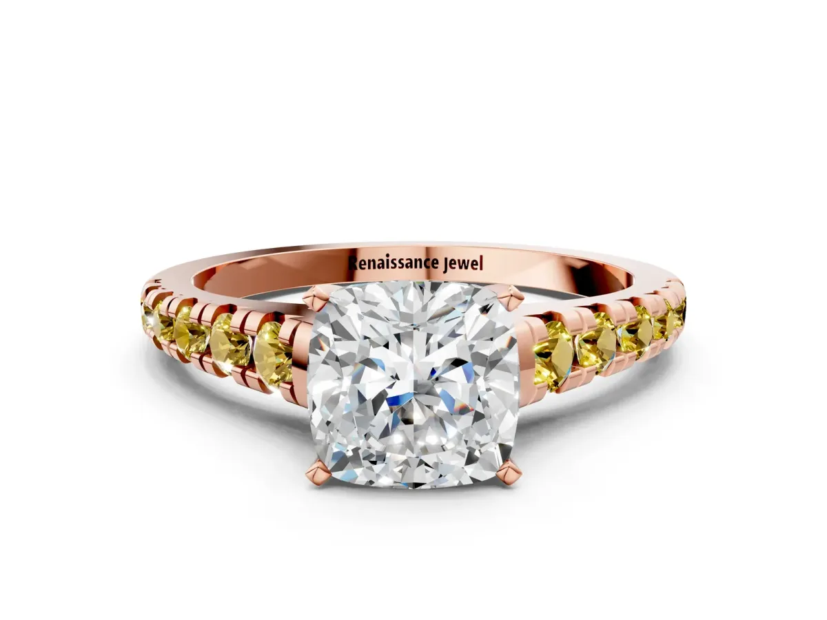 Cushion Cut Diamond Cathedral Solitaire Ring with Round Yellow Sapphire Pavé Band Rose gold