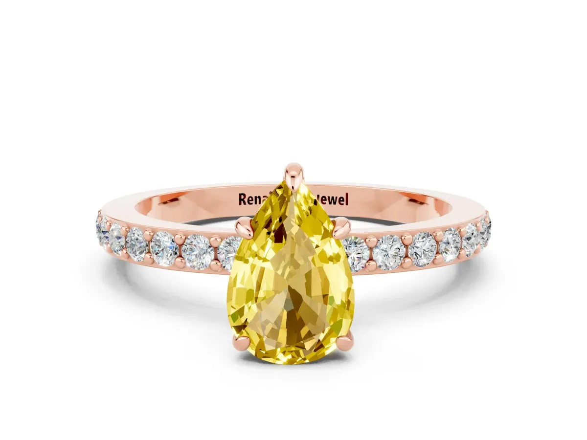 Pear Cut Yellow Sapphire Solitaire Engagement Ring with Pavé Band and Four-Prong Setting Rose gold