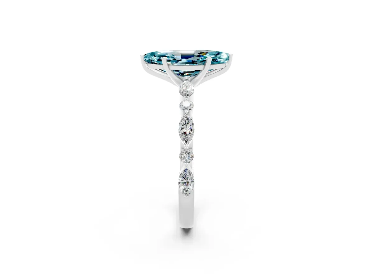Marquise Cut Blue Topaz Ring with Marquise and Round Side Stones and Four-Prong Setting White gold