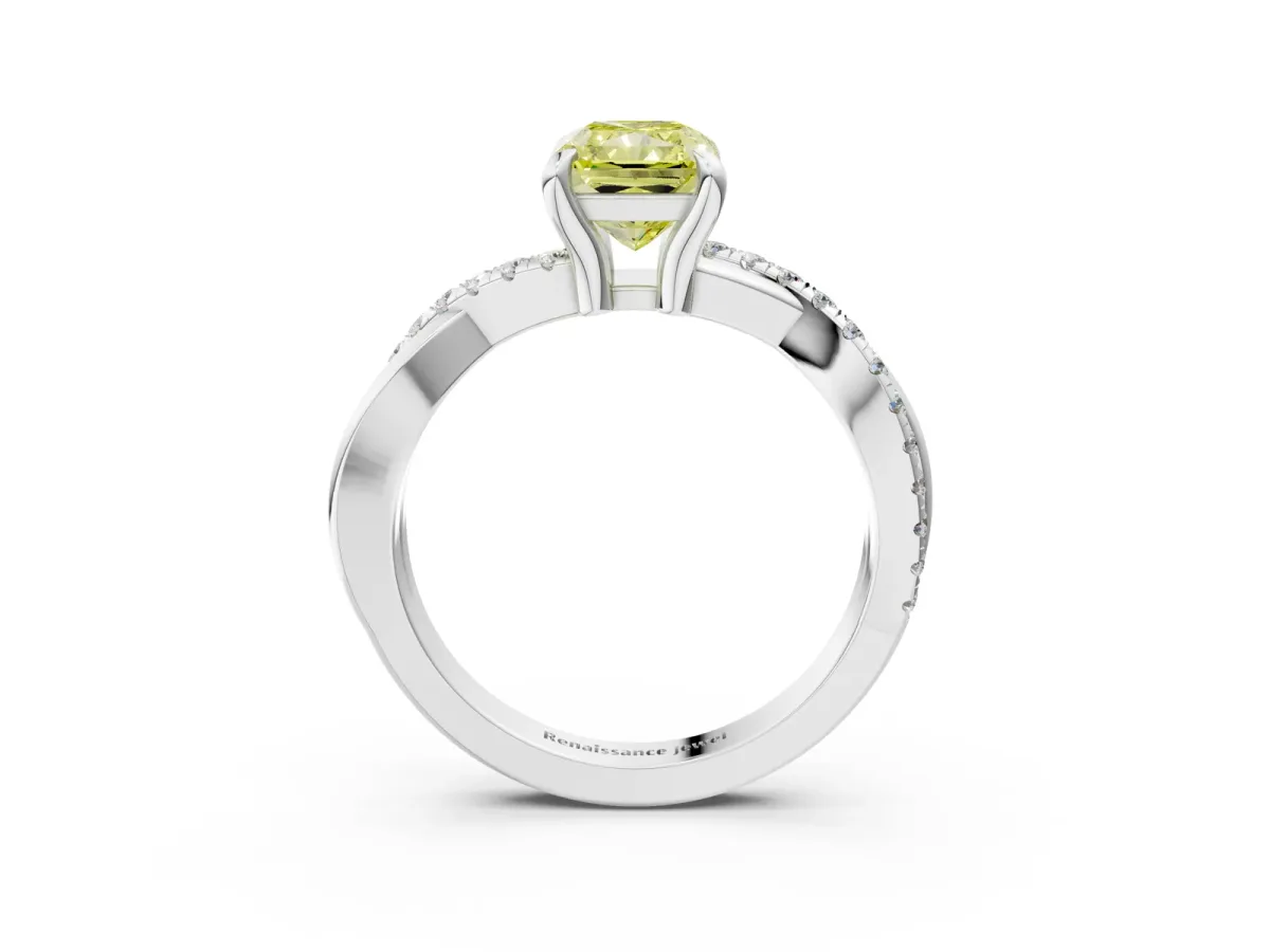 Fancy Yellow Radiant Cut Cut Twist Band Solitaire Diamond Ring with Pavé Setting Platinum