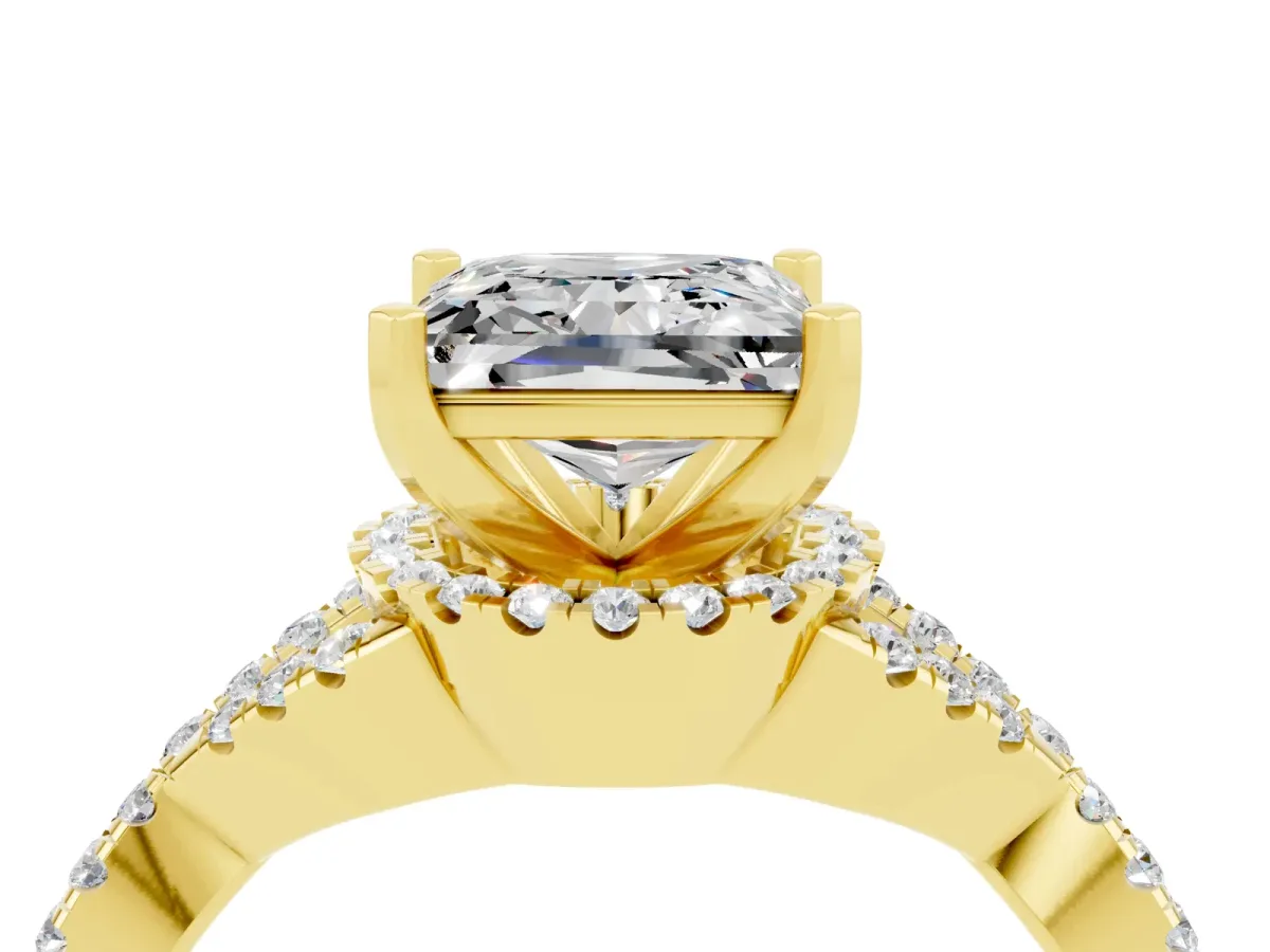 Princess Cut Moissanite Halo Twist Band Solitaire Prong Setting Ring Yellow gold