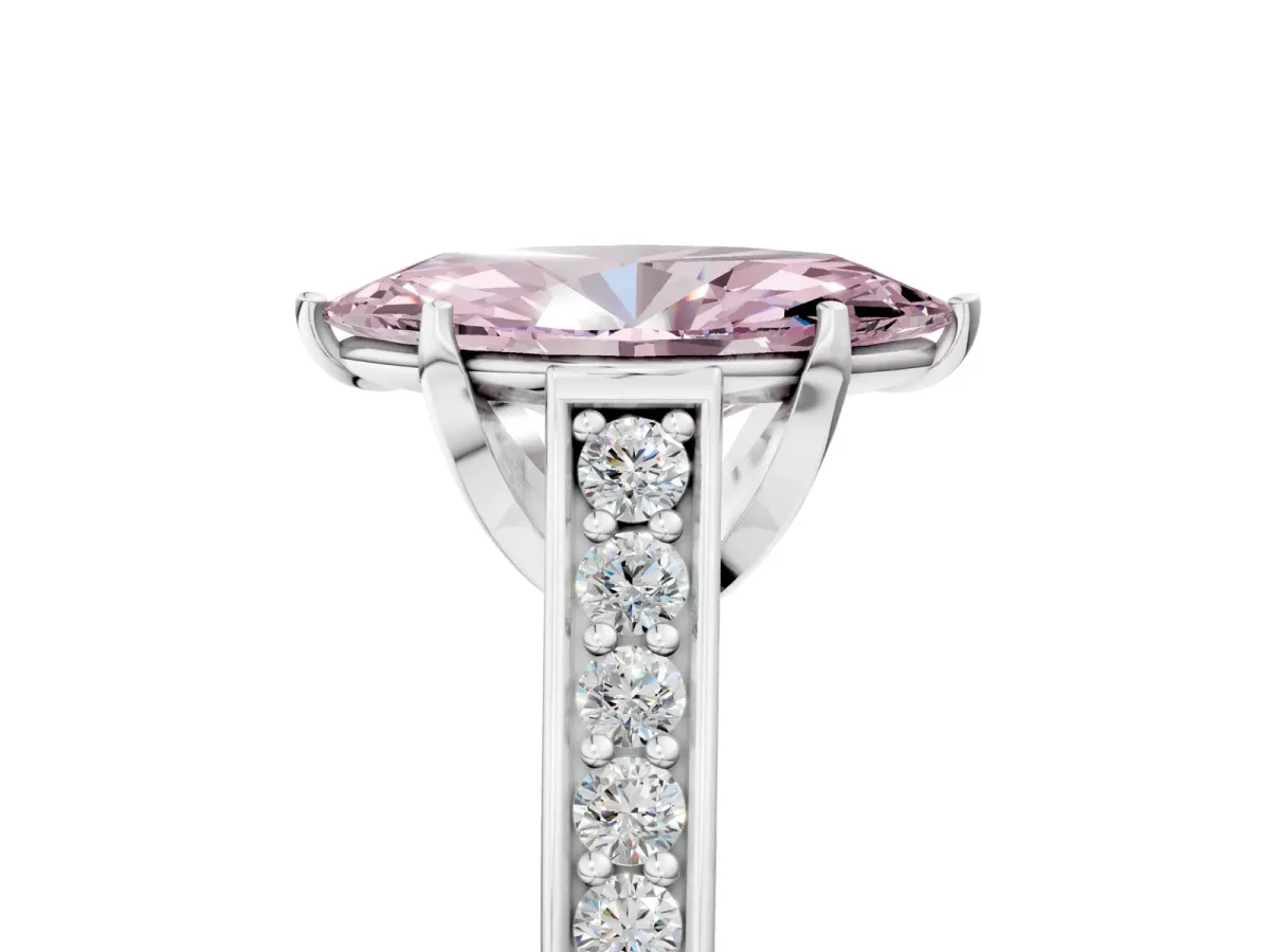 Fancy Pink Marquise Cut Brilliant Cut Diamond Engagement Ring with Pavé Band and Four-Prong Setting Platinum