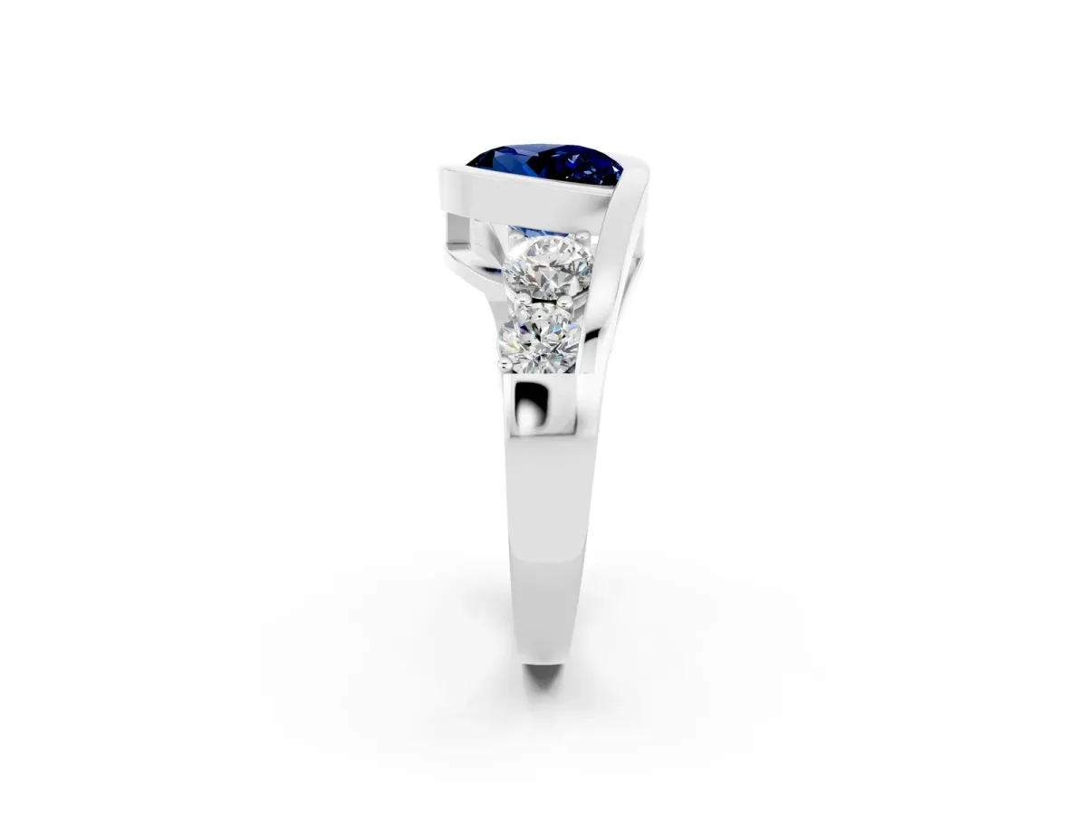 Bezel Set Round Cut Blue Sapphire Bypass Ring with Round Accents Silver