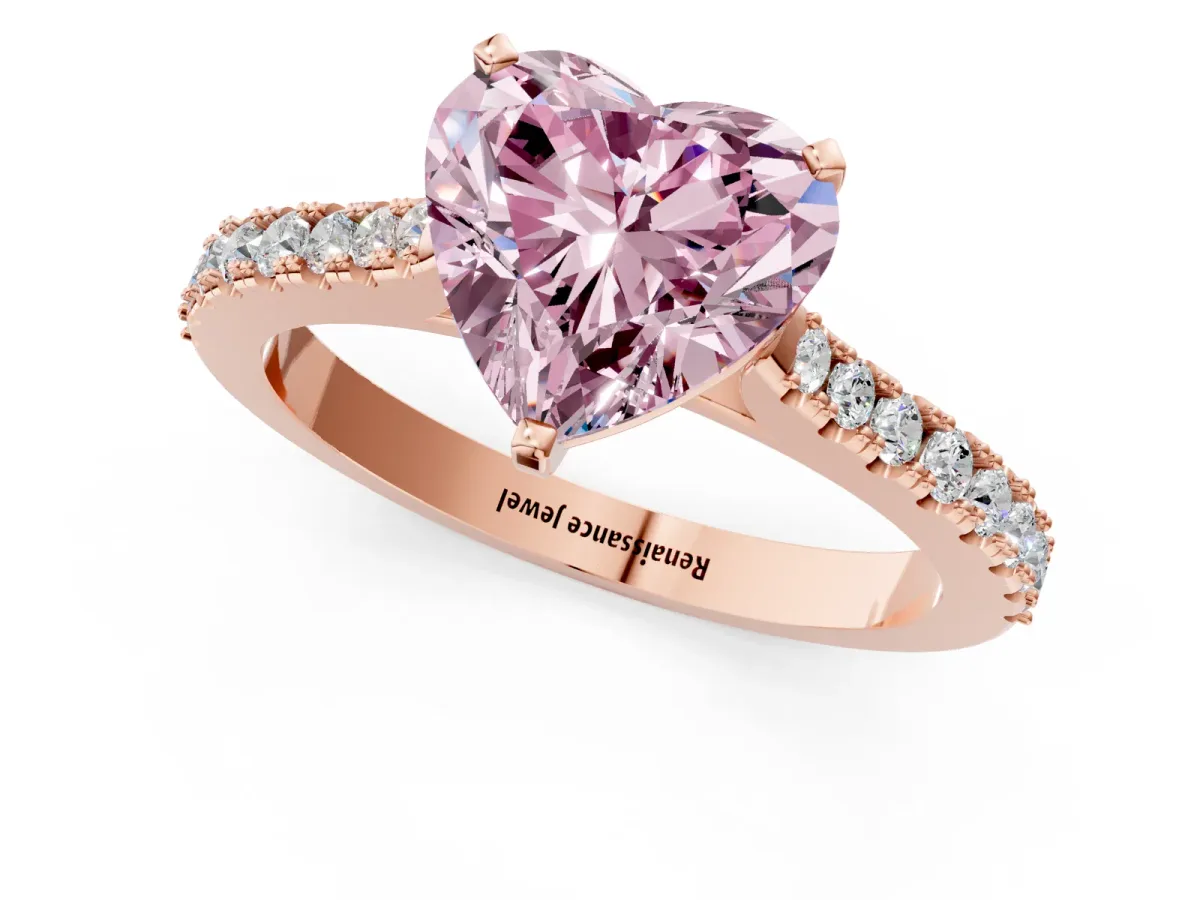 Fancy Pink Heart Cut Cut Solitaire Diamond Engagement Ring with Pave Band and Four-Prong Setting Rose gold