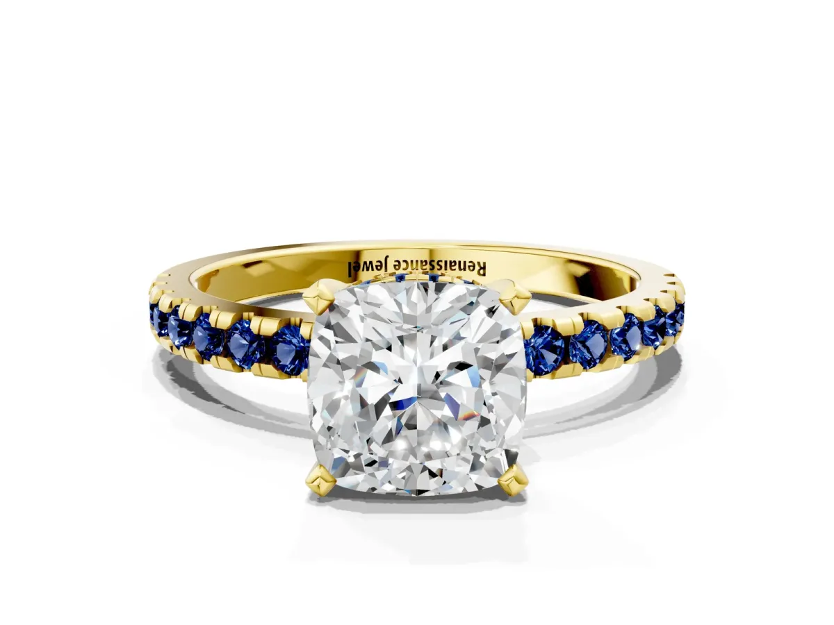 Cushion Cut Diamond Solitaire Ring with Round Blue Sapphire Pavé Band and Four-Prong Setting Yellow gold