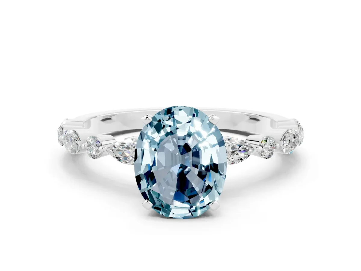 Oval Cut Aquamarine Ring with Marquise and Round Side Stones and Four-Prong Setting White gold