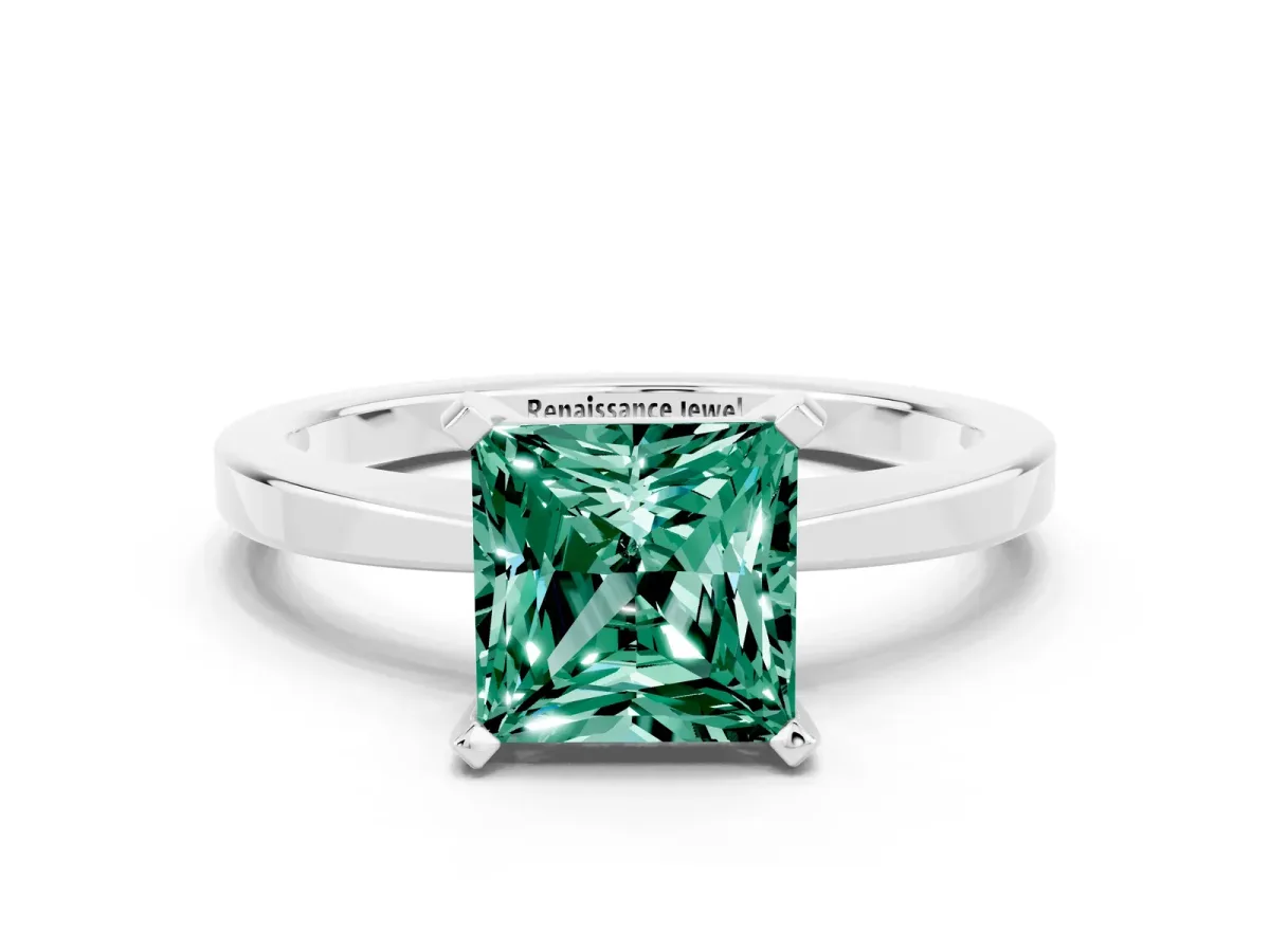 Princess Cut Green Sapphire Solitaire Engagement Ring with Classic Band and Four-Prong Setting Platinum