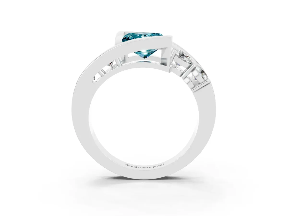 Bezel Set Princess Cut Blue Topaz Bypass Ring with Round Accents Silver