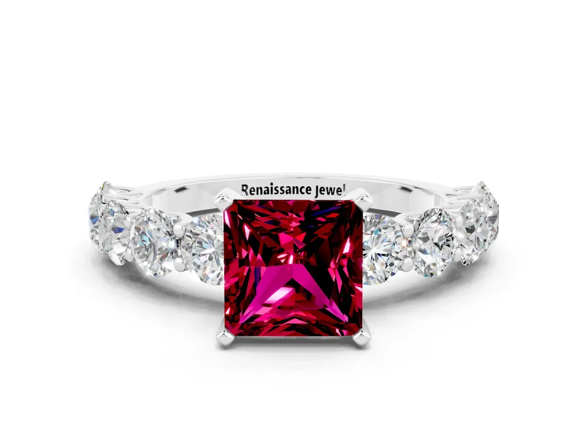 Princess Cut Garnet Prong Setting with Side Stones on a Pave Band Silver