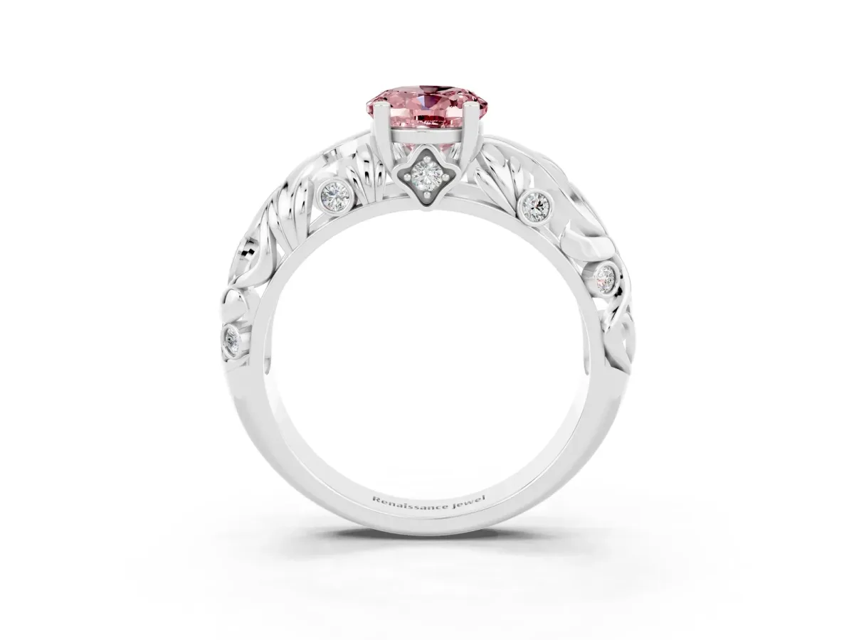 Oval Cut Solitaire Morganite Leaf-Inspired Vine Band Ring with Prong Setting White gold