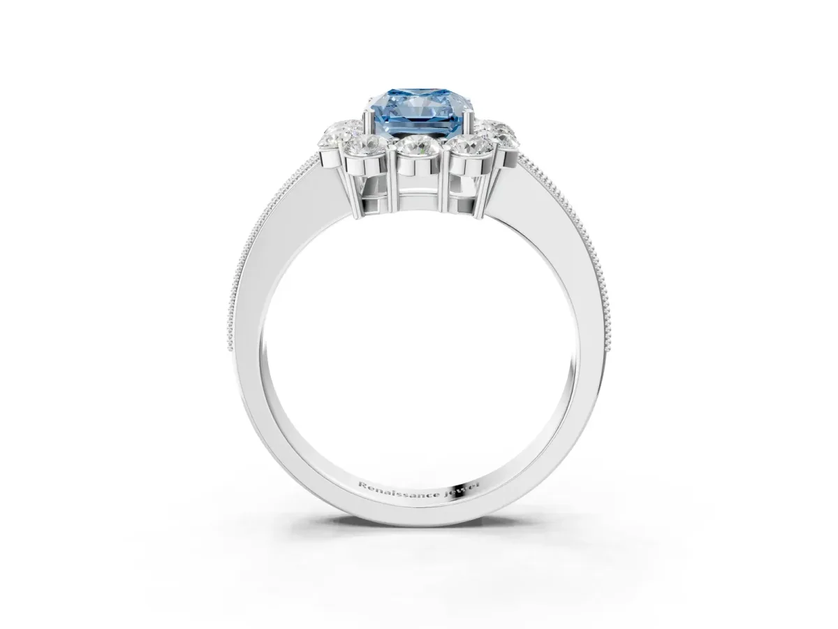 Fancy Blue Radiant Cut Cut Halo Diamond Pavé Engagement Ring with Milgrain Detailing Platinum