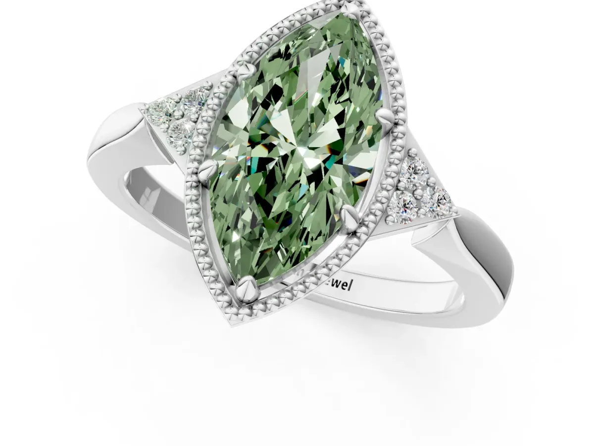 Fancy Green Milgrain Marquise Cut Cut Diamond Ring with Tapered Pave Band and Four Prong Setting Platinum