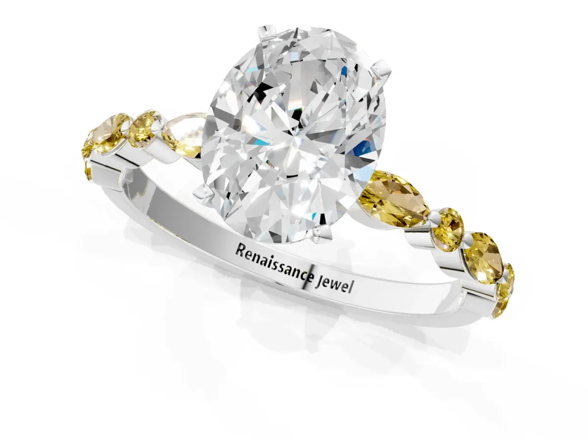Oval Cut Diamond Ring with Marquise and Round Yellow Sapphire Side Stones and Four-Prong Setting White gold