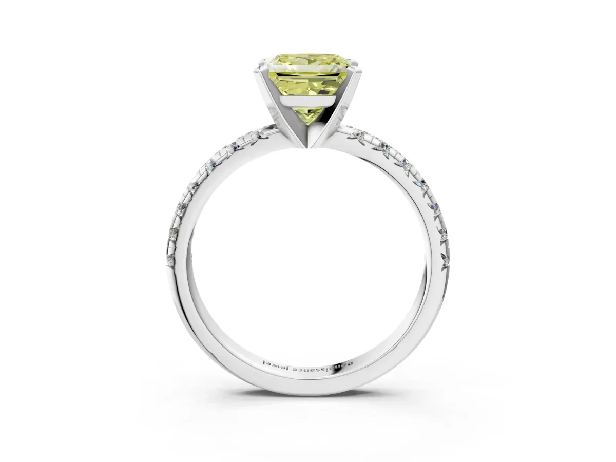 Fancy Yellow Princess Cut Diamond Solitaire Pavé Engagement Ring with Round Band and Prong Setting White gold