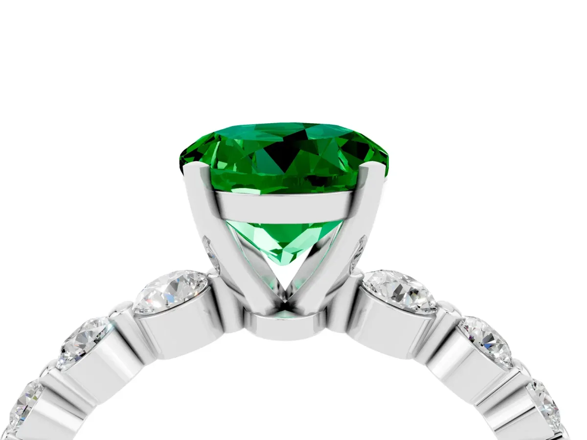 Round Cut Solitaire Emerald Ring with Pave Band and Four-Prong Setting White gold