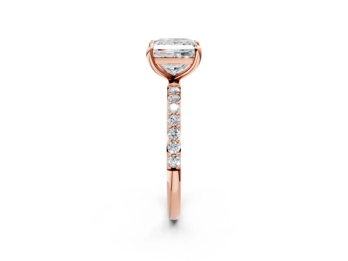 Princess Cut Diamond Solitaire Ring with Round Moissanite Pavé Band and Prong Setting Rose gold