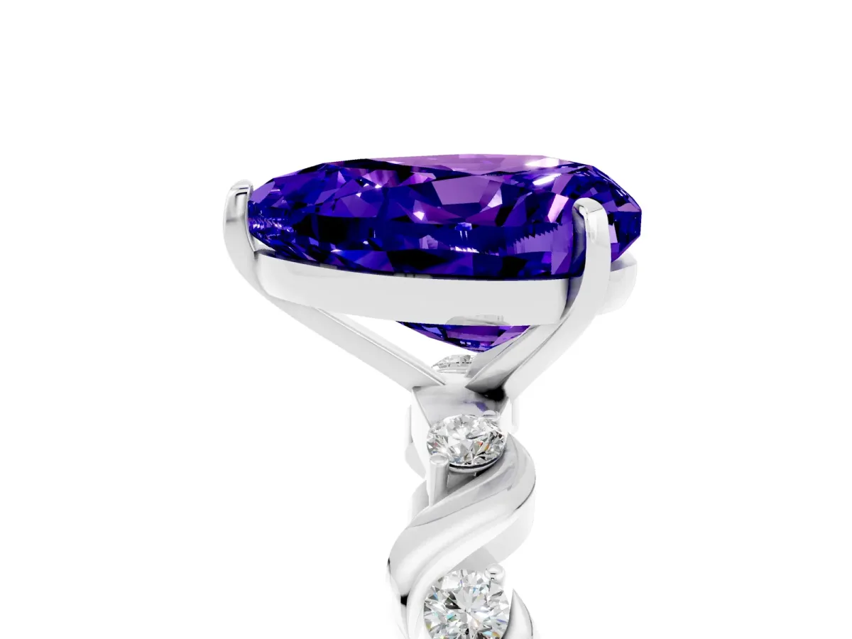Heart Cut Tanzanite Solitaire Twisted Band with Round Accents and Prong Setting White gold