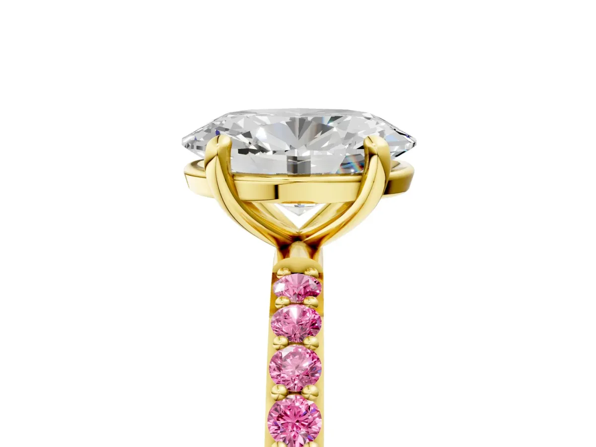 Oval Cut Diamond Solitaire Ring with Round Pink Sapphire Pavé Band and Prong Setting Yellow gold