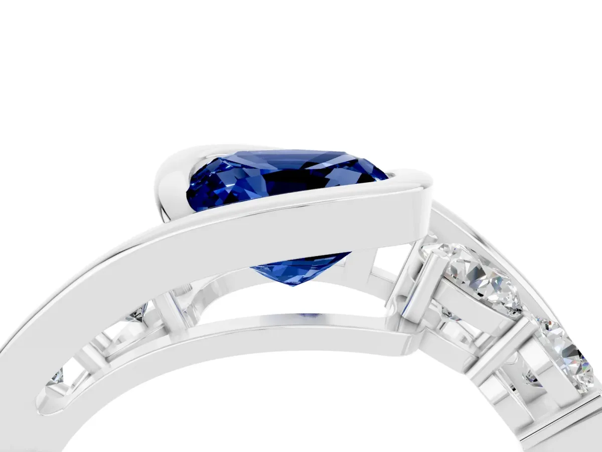 Bezel Set Cushion Cut Blue Sapphire Bypass Ring with Round Accents Silver