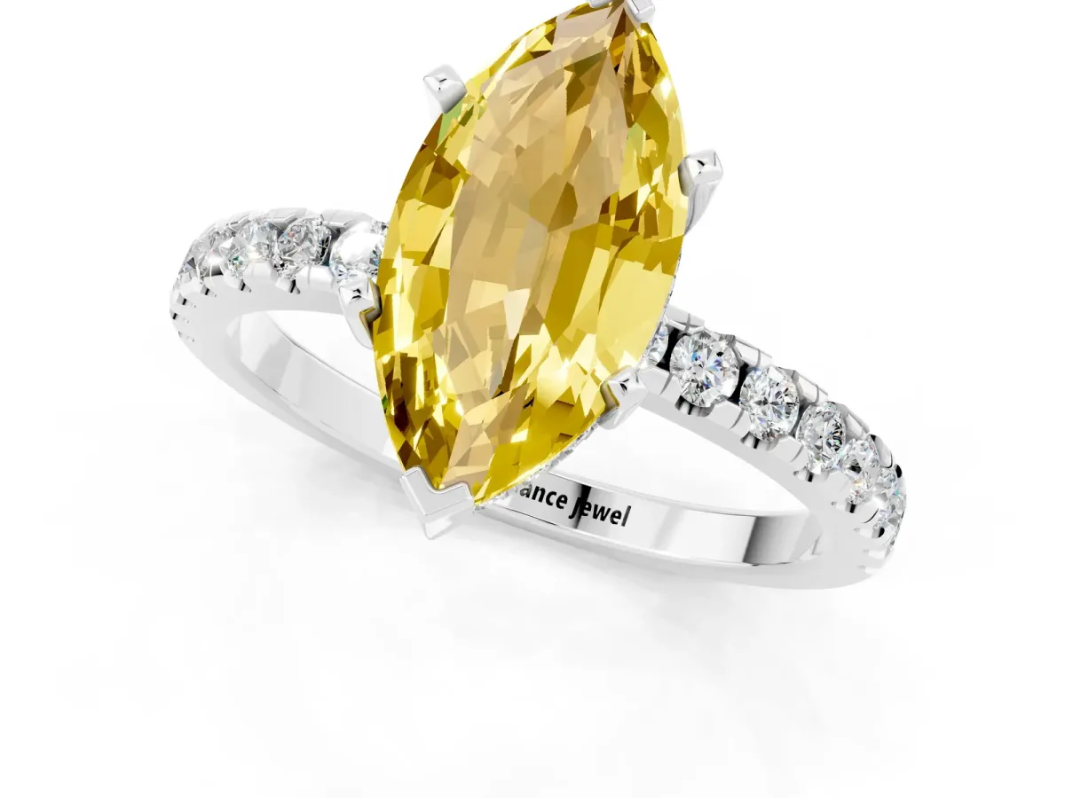 Marquise Cut Yellow Sapphire Solitaire Ring with Round Pavé Band and Four-Prong Setting White gold