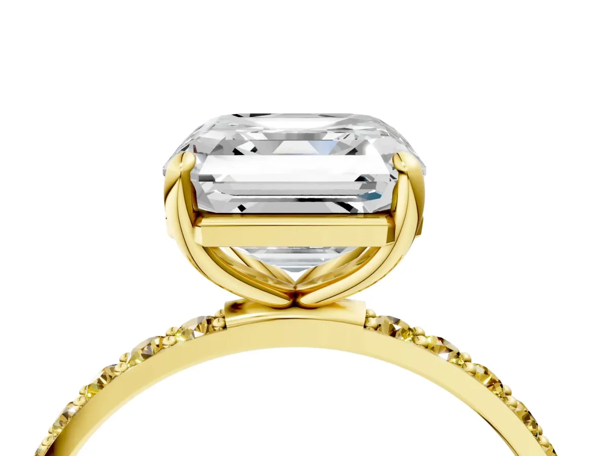 Asscher Cut Diamond Solitaire Ring with Round Yellow Sapphire Pavé Band and Prong Setting Yellow gold