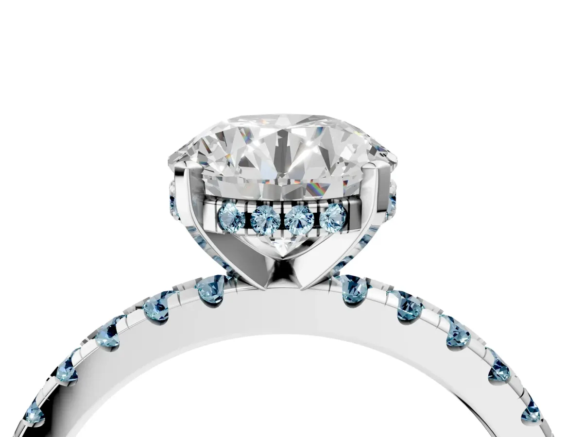 Round Cut Diamond Solitaire Ring with Round Aquamarine Pavé Band and Four-Prong Setting White gold