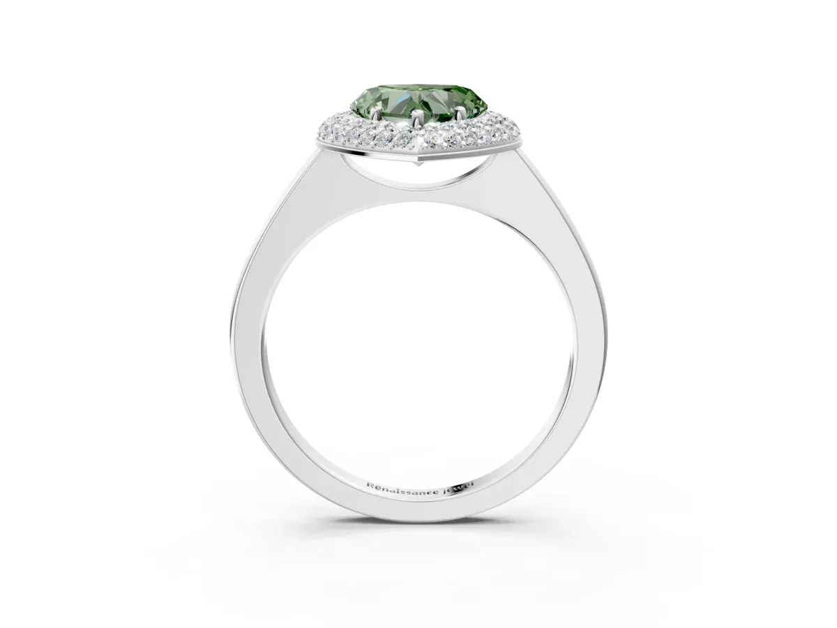 Fancy Green Heart Cut Halo Diamond Engagement Ring with Solitaire Band and Four-Prong Setting Platinum