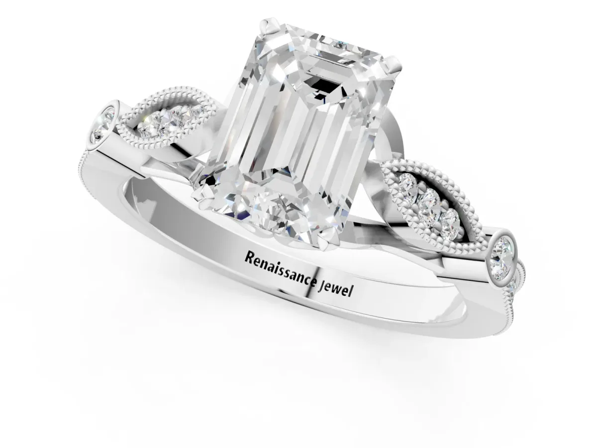 Emerald Cut Cut Diamond with Milgrain Marquise and Bezel Accents on a Solitaire Band with Prong Setting Platinum