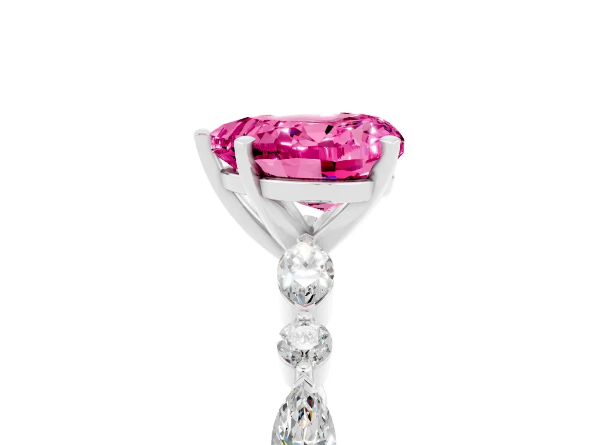 Heart Cut Pink Sapphire Ring with Marquise and Round Side Stones and Four-Prong Setting White gold