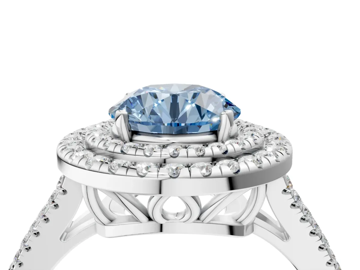 Fancy Blue Round Cut Diamond Double Halo Ring with Pavé Band and Prong Setting Silver