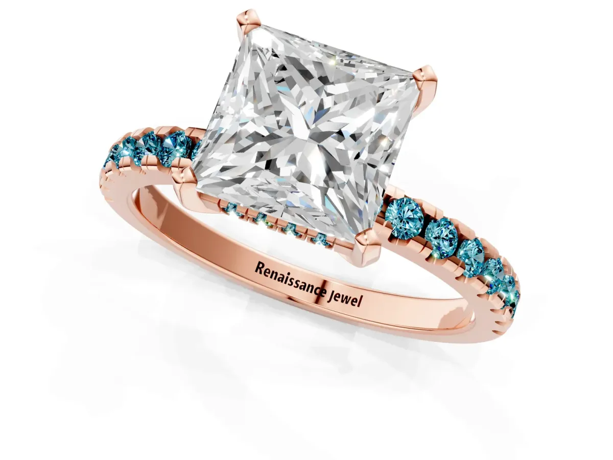 Princess Cut Diamond Solitaire Ring with Round Blue Topaz Pavé Band and Four-Prong Setting Rose gold