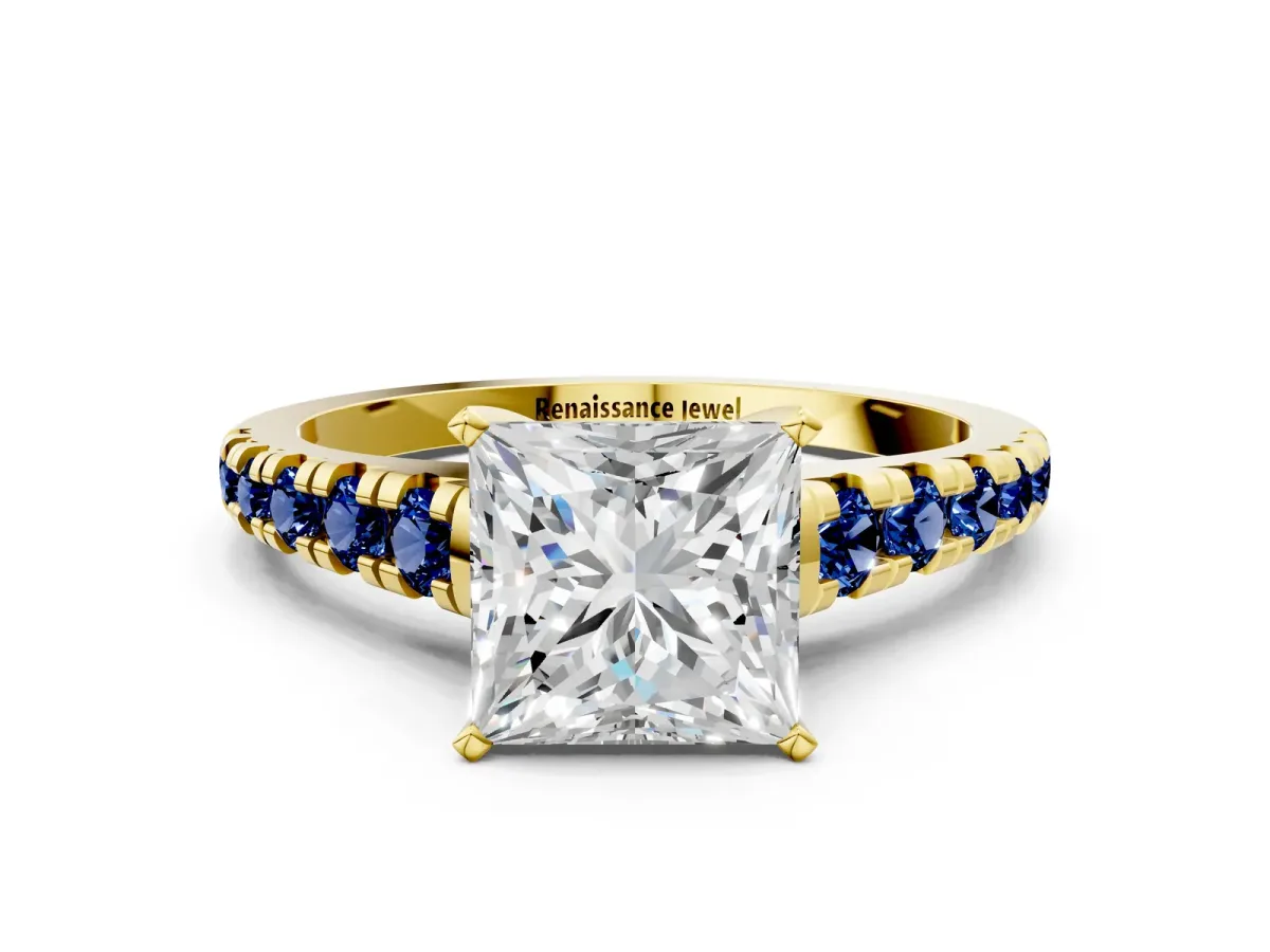 Princess Cut Diamond Cathedral Solitaire Ring with Round Blue Sapphire Pavé Band Yellow gold