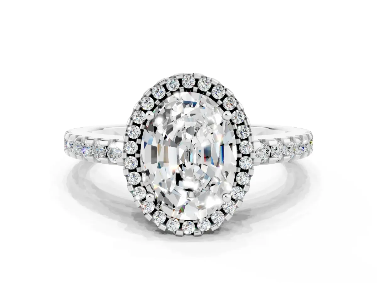 Oval Cut Moissanite Halo Engagement Ring with Pavé Band and Prong Setting White gold