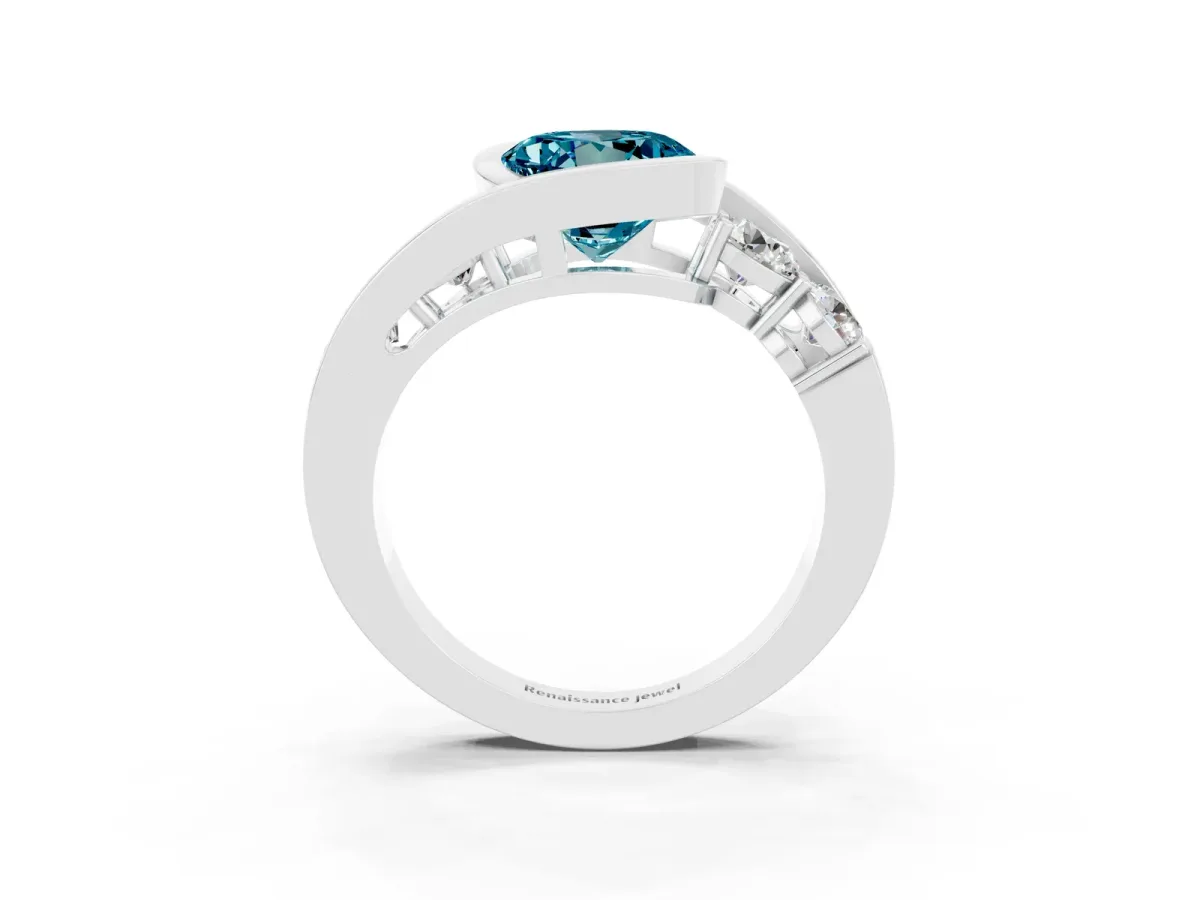 Bezel Set Round Cut Blue Topaz Bypass Ring with Round Accents Platinum