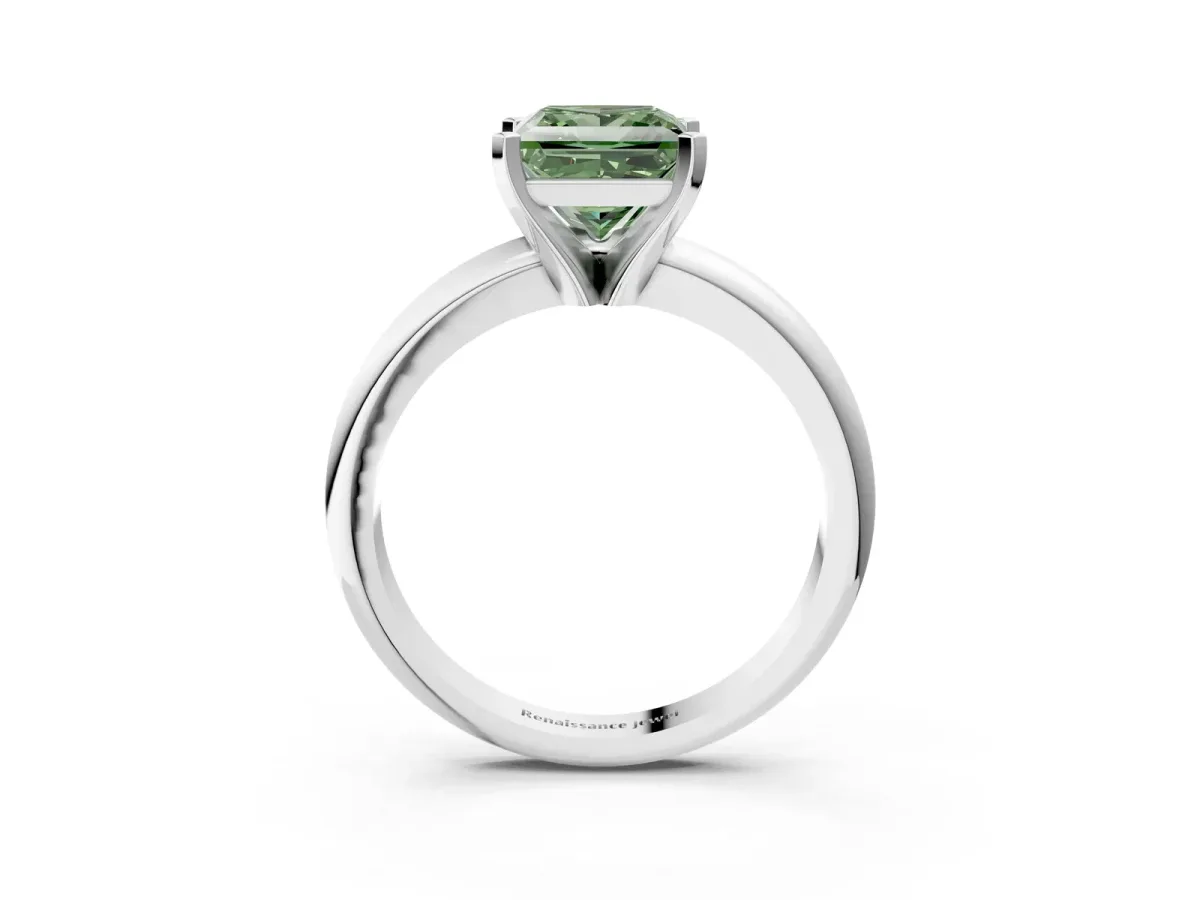 Fancy Green Princess Cut Diamond Solitaire Engagement Ring with Round Band and Four-Prong Setting White gold