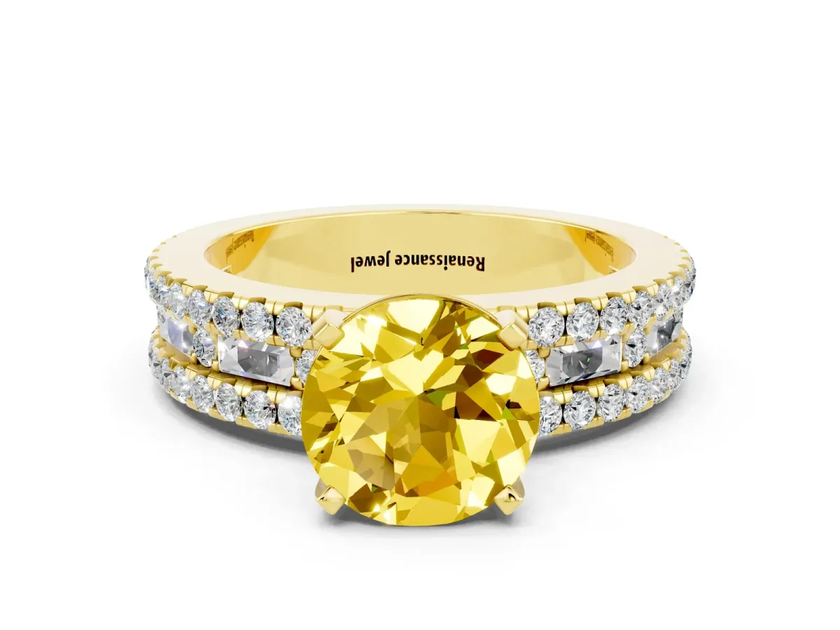 Round Cut Yellow Sapphire Solitaire Ring with Pavé and Channel Set Band Yellow gold
