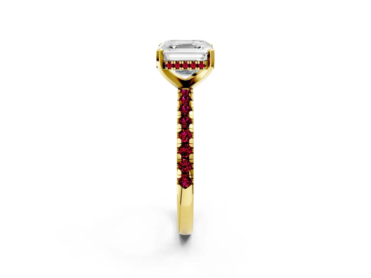 Asscher Cut Diamond Solitaire Ring with Round Garnet Pavé Band and Four-Prong Setting Yellow gold