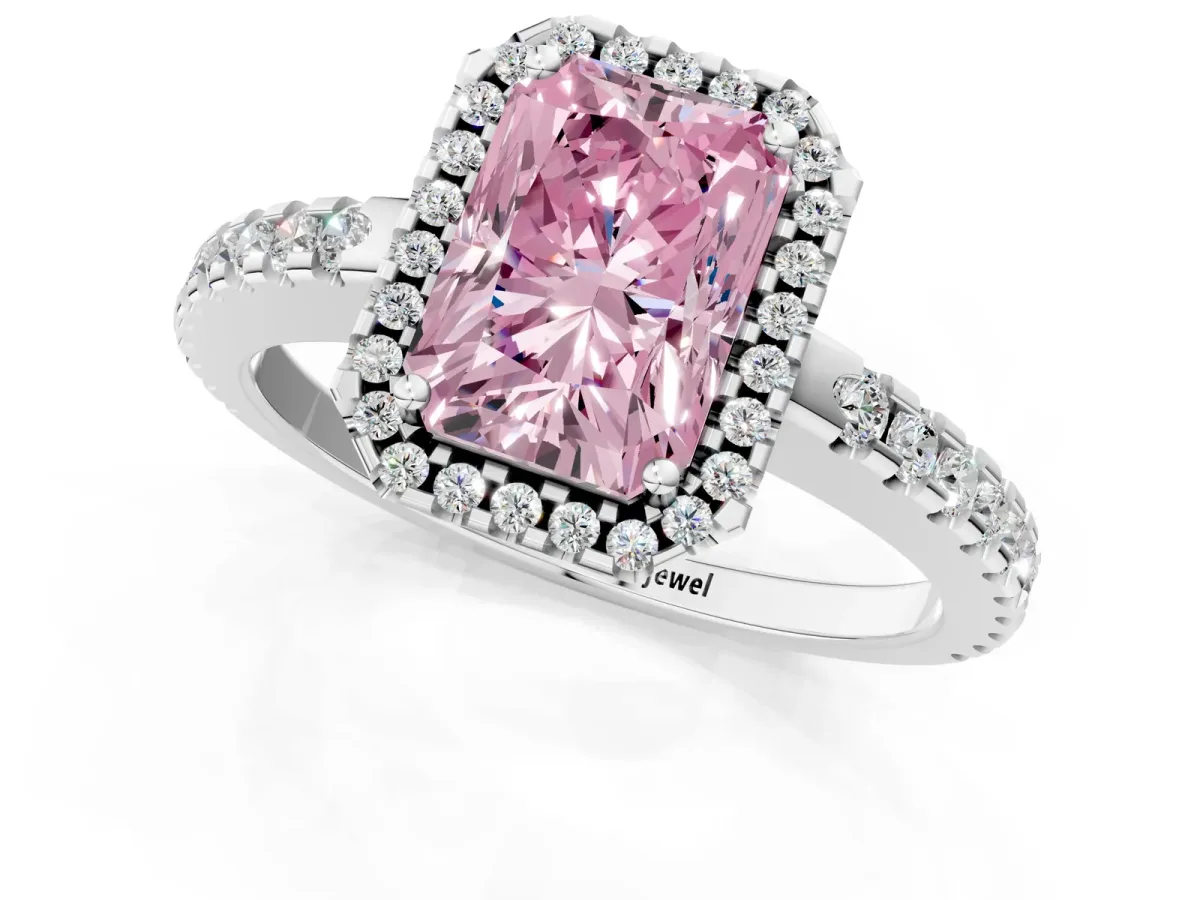 Fancy Pink Radiant Cut Diamond Halo Engagement Ring with Pavé Band and Prong Setting Platinum