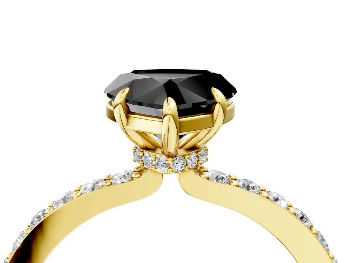 Fancy Black Heart Cut Diamond Solitaire Engagement Ring with Pavé Band and Four-Prong Setting Yellow gold