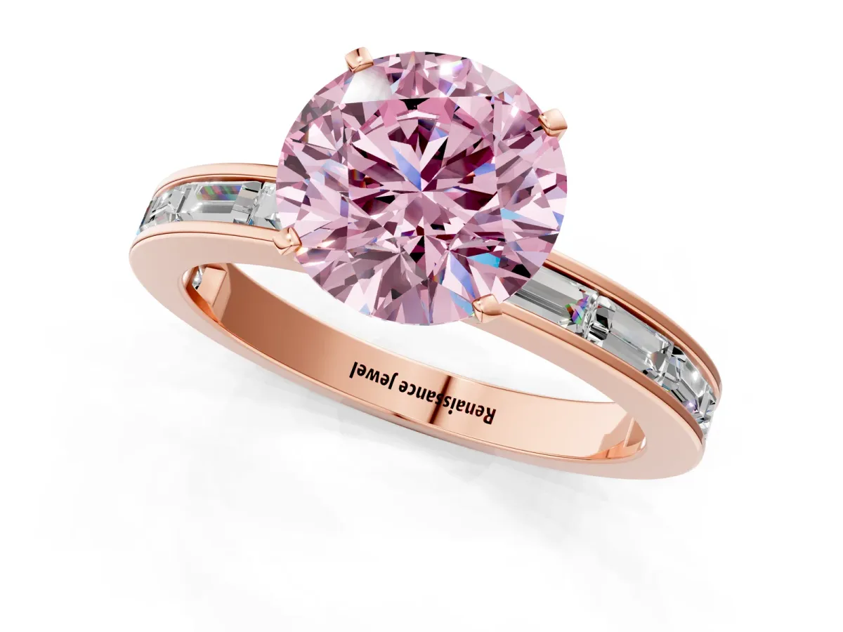 Fancy Pink Round Cut Solitaire Diamond Ring with Channel-Set Baguette Band and Four-Prong Setting Rose gold