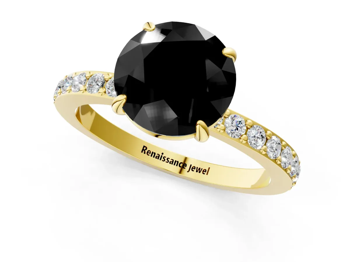 Fancy Black Round Cut Diamond Solitaire Engagement Ring with Pavé Band and Four-Prong Setting Yellow gold