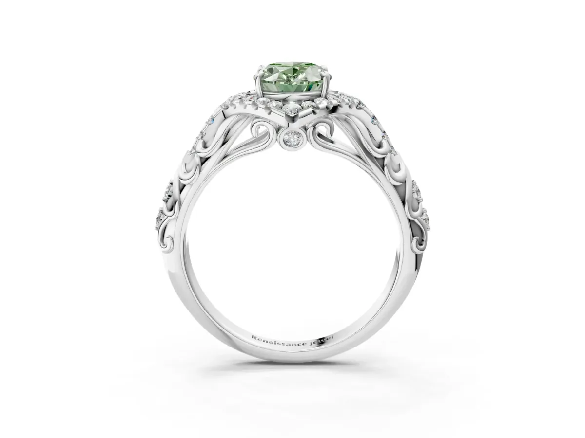 Fancy Green Oval Cut Diamond Solitaire Ring with Hidden Halo and Pavé Band White gold